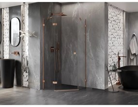 Mexen Lunar, Päťuholníkový sprchový kút Mexen Lunar naklápací doľava 100 x 100 cm, 8mm číre sklo, profil medená matná, 831-100L-100P-65-00-L