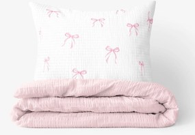 Goldea krepové posteľné obliečky duo - ružové mašličky s púdrovo ružovou 140 x 220 a 70 x 90 cm