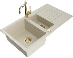 Mexen Matias, granitový drez 900x505x200 mm, 1,5-komorový a drezová batéria Carla, béžová, 6502-69-670700-50