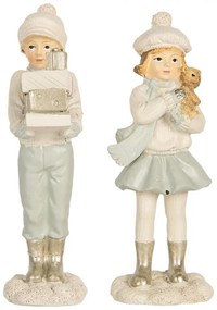 Béžová dekorácia dievča a chlapec s medvedíkom a darčekmi - 5*4*11 cm