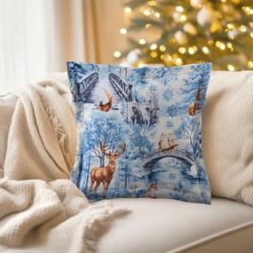 Biante Bavlnená obliečka na vankúš s lemom Sandra SA-674 Lesné zvieratá v zimnom lese na modrom 45 x 45 cm
