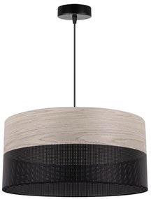 Závesné svietidlo Wood, 1x svetlobéžová dubová dýha/čierne PVC tienidlo, (fi 44cm)