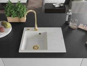 Mexen Ben, 1-komorový granitový drez 600x500x190 mm, ľavý + zlatý sifón, biela, 6522605000-20-G