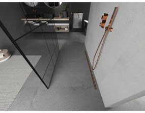 Mexen Kioto, priechodná sprchová zástena 110 x 200 cm, 8mm sklo číre s čiernym vzorom, 2x zlatá stabilizačná rozpera, profil ružové zlato, 800-110-002-60-78