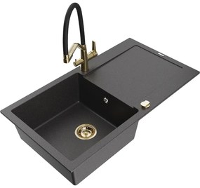 Mexen Leo, 1-komorový granitový drez 900x500x190 mm a drezová batéria Duo, čierna škvrnitá, 6501-76-671701-57-G