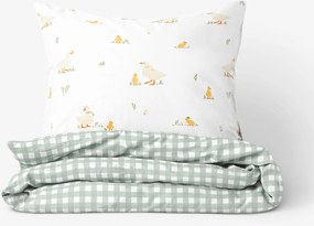 Goldea veľkonočné bavlnené posteľné obliečky - kačice so šalviovo zelenými kockami 140 x 200 a 70 x 90 cm