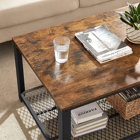 Konferenčný stolík v industriálnom štýle s mriežkovou policou, rustikálny hnedý