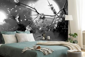 Samolepiaca tapeta čiernobiela kresba konára s kvetmi pri splne mesiaca