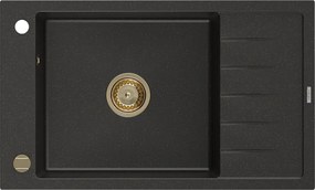 Mexen Elias, granitový drez granitový 795x480x200 mm, 1-komorový, čierna-zlatá metalíza so zlatým sifónom, 6511791005-75-G