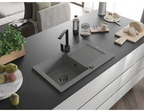 Mexen Pablo, granitový drez 752x436x161 mm, 1-komorový a čierna batéria Rita, šedá, 6510-71-670300-70-B