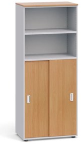 Kancelárska skriňa PRIMO, zasúvacie dvere na 3 poschodia, 800 x 420 x 1781 mm, sivá / buk