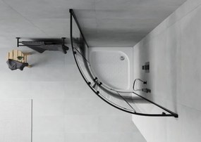 Mexen Rio, štvrťkruhový sprchovací kút s posuvnými dverami 80(dvere) x 80(dvere) x 190 cm, 6mm číre sklo s pásikmi, čierny profil + biela sprchová vanička RIO, 863-080-080-70-20-4710