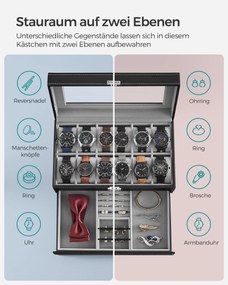 SONGMICS 2-poschodová krabička na hodinky, 12 miest, so zásuvkou na šperky, uzamykateľná, čierna