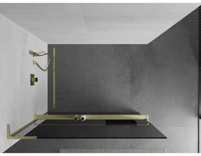 Mexen Kioto+ L, sprchová zástena Walk-In s poličkou a vešiakom 110 x 200 cm, 8mm šedé sklo, zlatý matný profil, 800-110-123-55-40