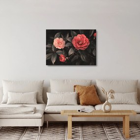 Sklenený obraz - Červené kvety na tmavom pozadí (70x50 cm)