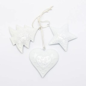 DECOLED Závěsná kovová dekorace, set: hvězda, strom, srdce 7x7x1,2 cm