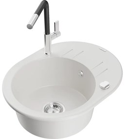 Mexen Kevin, 1-komorový granitový drez 586x458x190 mm a drezová batéria Flora, biela, 6517-20-670401-07