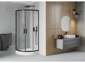 Mexen Rio, štvrťkruhový sprchovací kút s posuvnými dverami 70 x 70 cm, 6mm číre sklo, čierny profil + biela vysoká sprchová vanička Rio, 863-070-070-70-00-4710
