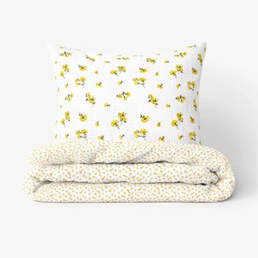 Goldea krepové posteľné obliečky - žlté kvety a kvietky na bielom 140 x 220 a 70 x 90 cm