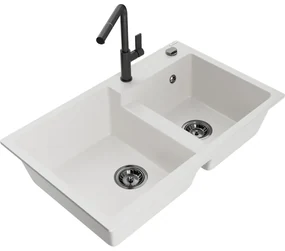 Mexen Tomas, 2-komorový granitový drez 800x500x190 mm a drezová batéria Flora, biela, 6516-20-670401-70-B
