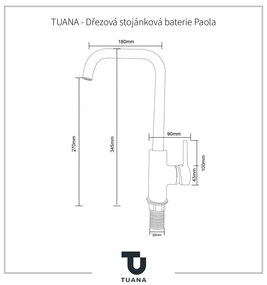 Tuana Paola, drezová stojanková batéria s otočným ramenom h-345, čierna matná, CER-TU-428380