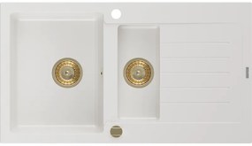Mexen Matias - drez granitový 900x505x200 mm, 1,5-komorový, biela so zlatým sifónom, 6502901505-20-G