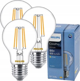 3x LED žiarovka E27 7W 806lm 115lm/w 2700k s vláknom