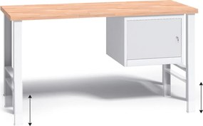 Výškovo nastaviteľný pracovný stôl do dielne G3 so závesnou skrinkou na náradie, buková škárovka, 1500 x 685 x 840 - 1050 mm, sivá