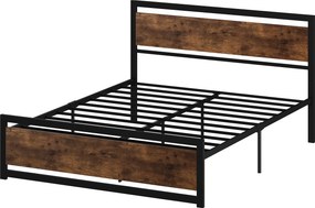 HOMCOM Dvojlôžkový rám postele 167x208x103cm z dreva a ocele s integrovanými lamelami a hlavovým čelom v priemyselnom štýle, čierny a rustikálny hnedý