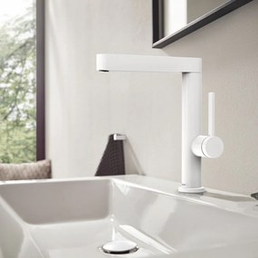 HANSGROHE Finoris páková umývadlová batéria s otočným výtokom, s odtokovou súpravou Push-Open, výška výtoku 221 mm, matná biela, 76060700