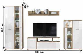 Tempo Kondela Obývacia stena, biela vysoký lesk HG/dub artisan, REVEL