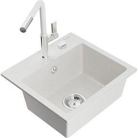 Mexen Milo, 1-komorový granitový drez 435x410x171 mm a drezová batéria Flora, biela, 6505-20-670401-02