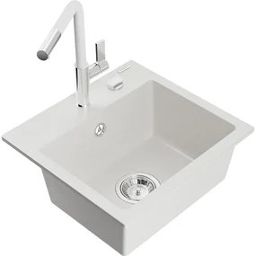Mexen Milo, 1-komorový granitový drez 435x410x171 mm a drezová batéria Flora, biela, 6505-20-670401-02