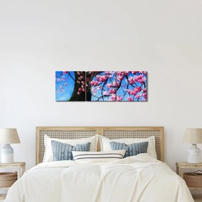 Obraz maľované rozkvitnuté čerešne (s hodinami) (90x30 cm)