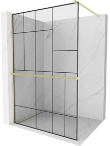Mexen Kioto+, sprchová zástena Walk-In s poličkou a vešiakom 110 x 200 cm, 8mm číre sklo čierny vzor, zlatý matný profil, 800-110-121-55-78
