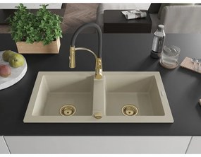 Mexen Mario, granitový drez 820x436x161 mm, 2-komorový a drezová batéria Aster, béžová, 6504-69-73450-57-G