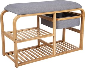 Bambusový polica na topánky so sivým polstrovaním Leitmotiv Bench, šírka 70 cm