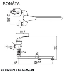 Mereo Mereo, Nástenná batéria do byt. jadra, Sonáta, s plochým ramienkom 300 mm, bez príslušenstva, chróm, MER-CB602A04N