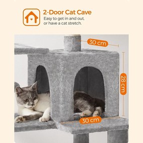 Mačací strom, škrabadlo, 143 cm vysoký, 2 výhliadky, jaskyňa, svetlosivá farba