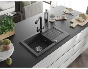 Mexen Pablo, granitový drez 752x436x161 mm, 1-komorový a čierna batéria Duero, čierna škvrnitá, 6510-76-671600-70
