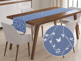 Biante Bavlnený behúň na stôl Sandra SA-052 Drobné biele kvietky a motýliky na modrom 35x180 cm