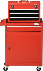 DURHAND 2-v-1 Nástrojový Vozík s Odnímateľnou Toolboxou, Skriňou s Kľúčom a 4 Oceľovými Zásuvkami, Červený | Aosom