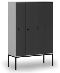 Drevená šatníková skrinka s podnožou, 4 oddiely, 1871 x 1200 x 500 mm, RFID zámok, sivá/grafit