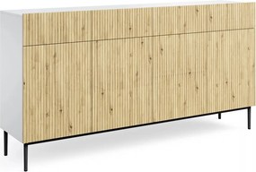 Biela štvordverová komoda Nicole 200 cm so zásuvkami - biela / dub artisan / čierne nohy