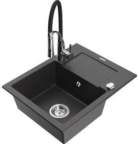 Mexen Enzo, 1-komorový granitový drez 576x465x174 mm a drezová batéria Aster, čierna škvrnitá, 6506-76-73450-07