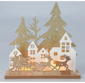 Vianočná stolová LED lampa Domčeky a Santa nasaniach, MDF, 19,5 x 4,5 x 19,5 cm