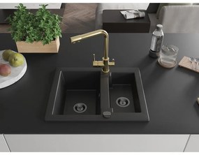Mexen Carlos, 1,5-komorový granitový drez 582x475x177 mm a drezová batéria Duero, čierna, 6518-77-671600-50-B