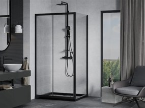 Mexen Apia sprchovací kút s posuvnými dverami 130 (dvere) x 90 (stena) cm, 5mm číre sklo, čierny profil + čierna sprchová vanička s čiernym sifónom, 840-130-090-70-00-4070B