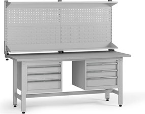 Výškovo nastaviteľný dielenský stôl G5 s nadstavbou, 1800 x 750 x 800-1000 mm, 2x kontajner, 6 zásuviek, sivá