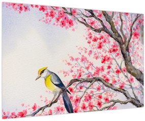 Obraz - Vtáčik na strome s červenými kvetmi (90x60 cm)